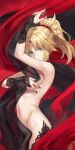  1girl bare_shoulders blonde_hair braid breasts bridal_gauntlets covering covering_breasts detached_sleeves fate/apocrypha fate_(series) french_braid green_eyes highres long_hair looking_at_viewer mordred_(fate) mordred_(fate/apocrypha) navel parted_bangs ponytail sidelocks small_breasts smile solo tonee 