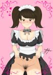  absurdres borrowed_design breasts brown_eyes brown_hair choker female_pubic_hair flashing frills highres kawakami_sadayo large_breasts maid maid_headdress neck_ribbon non-web_source persona persona_5 pink_background pubic_hair puffy_nipples pussy pussy_juice ribbon seductive_smile self-upload signature simple_background smile sweat turnip_toss twintails uncensored 