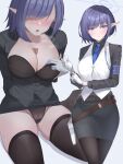  1girl aoi_(blue_archive) armband black_bra black_panties black_shirt black_skirt black_thighhighs blue_archive blue_armband blue_hair blue_necktie blush bra breasts cleavage closed_mouth collared_shirt commentary_request halo highres large_breasts long_sleeves looking_at_viewer necktie open_mouth panties pointy_ears shirt shougun_(chuckni1) skirt sweat thighhighs thighs underwear 