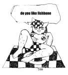  2023 anthro biped black_and_white breasts checkered_clothing clothed clothing dialogue domestic_cat english_text eyelashes felid feline felis female gaydottiff gynomorph_(lore) hair hairy_legs hand_on_stomach looking_at_viewer lying mammal monochrome multicolored_hair on_back open_mouth pasties pattern_clothing pattern_underwear seductive signature simple_background solo source_cat_(gaydottiff) speech_bubble text topless topless_female trans_(lore) trans_woman_(lore) two_tone_hair underwear white_background 