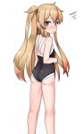  1girl absurdres ass black_one-piece_swimsuit brown_eyes competition_school_swimsuit dated feet_out_of_frame from_behind gradient_hair highres kantai_collection light_brown_hair long_hair looking_at_viewer looking_back maru_(marg0613) multicolored_hair murasame_(kancolle) murasame_kai_ni_(kancolle) one-hour_drawing_challenge one-piece_swimsuit school_swimsuit simple_background solo swimsuit twitter_username two_side_up white_background 