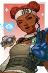  1girl absurdres apex_legends arm_tattoo blue_gloves breasts brown_eyes brown_tank_top cable d.o.c._health_drone dark-skinned_female dark_skin detached_sleeves double_bun earpiece eyeshadow gloves hair_bun hairband headband heart highres jui_(dirtybigrat) korean_commentary lifeline_(apex_legends) looking_at_viewer makeup non-humanoid_robot octane_(apex_legends) one_eye_closed open_mouth red_eyes red_eyeshadow red_hair robot small_breasts smile solo_focus tank_top tattoo upper_body v white_hairband white_headband 