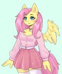  2023 anthro artkett1412 belt blue_eyes bottomwear breasts clothing collarbone equid equine eyebrows eyelashes feathered_wings feathers female fluttershy_(mlp) friendship_is_magic fur hair hasbro hi_res jewelry legwear long_hair mammal my_little_pony necklace pegasus pink_hair skirt small_breasts solo wings yellow_body yellow_fur 