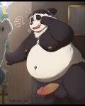  2023 96panda anthro balls bear black_body black_nose bulge clothing duo erection eyes_closed genitals giant_panda hi_res kemono male male/male mammal moobs nipples overweight overweight_male penis solo_focus tired underwear white_body 