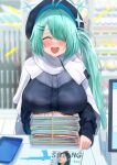  1girl ahoge blue_archive blush breast_rest breasts cloak commentary_request convenience_store green_eyes green_hair hair_ornament hair_over_one_eye hairclip halo happy hat highres hiyori_(blue_archive) iro_(boo_iro) large_breasts long_sleeves magazine_(object) multiple_girls open_mouth pointing shop side_ponytail smile solo sweater teeth upper_teeth_only 