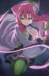  1girl braid breasts closed_mouth floating_hair gradient_hair green_eyes green_hair green_thighhighs highres holding holding_sword holding_weapon kanroji_mitsuri kimetsu_no_yaiba large_breasts lips long_hair looking_at_viewer mole mole_under_eye multicolored_hair multiple_braids pink_hair reulem smile solo sword thighhighs two-tone_hair v-shaped_eyebrows weapon whip_sword 