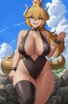  1girl black_choker black_one-piece_swimsuit black_thighhighs blonde_hair blue_eyes bowsette breasts choker collarbone commentary covered_navel crown english_commentary hair_between_eyes hand_up highleg highres horns large_breasts long_hair looking_at_viewer mario_(series) new_super_mario_bros._u_deluxe one-piece_swimsuit open_mouth outdoors ponytail sharp_teeth single_thighhigh smile solo spiked_choker spikes super_crown swimsuit tail teeth thighhighs thighs zaphn 