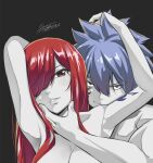  1boy 1girl arms_behind_head black_background blue_hair couple erza_scarlet facial_mark hair_between_eyes hair_over_one_eye hand_in_another&#039;s_hair hand_on_another&#039;s_chin hetero highres jellal_fernandes long_hair mashima_hiro nude parted_lips partially_colored red_eyes red_hair short_hair signature smile smirk spiked_hair upper_body 