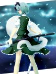  1girl black_hairband black_ribbon blue_eyes bob_cut closed_mouth commentary_request expressionless feet_out_of_frame frilled_skirt frills from_behind ghost glint green_skirt green_vest grey_hair hair_between_eyes hair_ribbon hairband highres katana konpaku_youmu konpaku_youmu_(ghost) long_bangs looking_at_viewer looking_back maso_(artist) puffy_short_sleeves puffy_sleeves ribbon scabbard sheath shirt short_hair short_sleeves skirt skirt_set solo sword touhou unsheathing vest wakizashi weapon white_shirt 