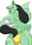  2023 abs anthro barazoku biceps big_muscles biped bodily_fluids bulge canid canine clothing digital_media_(artwork) doggonut duo eyewear fox fur glasses green_body green_fur hi_res male male/male mammal mint_mobile minty_(mint_mobile) mostly_nude muscular musk musk_clouds pecs quads simple_background sweat sweatdrop thick_thighs triceps underwear wide_hips 