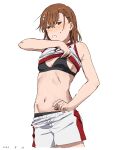  1girl absurdres asymmetrical_bangs black_sports_bra breasts brown_eyes brown_hair clothes_lift dated gym_shirt gym_shorts hair_behind_ear hair_between_eyes hair_ornament hairpin highres lifted_by_self looking_at_viewer misaka_mikoto navel school_emblem shirt shirt_lift short_hair shorts sleeveless sleeveless_shirt small_breasts solo sports_bra takatisakana toaru_kagaku_no_railgun toaru_majutsu_no_index tokiwadai_school_gym_uniform white_background white_shirt white_shorts 