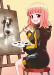  absurdres blunt_bangs breasts canvas_(object) easel gradient_background highres holding holding_paintbrush hood hoodie large_breasts looking_at_viewer masamurai open_mouth paint paintbrush painting_(action) palette_(object) pink_eyes pink_hair short_hair sitting smile stool tv_tokyo 