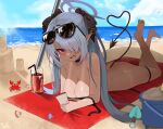  1girl 82jhin absurdres ass barefoot beach bikini black_bow black_choker blue_archive blue_sky bow breasts bucket choker cloud cloudy_sky crab cup day drink eyewear_on_head feet grey_hair hair_bow hair_over_one_eye halo highres horizon iori_(blue_archive) iori_(swimsuit)_(blue_archive) legs long_hair looking_at_viewer lying medium_breasts nude ocean official_alternate_costume on_stomach open_mouth outdoors pointy_ears purple_halo red_eyes sand sand_bucket sand_castle sand_sculpture sky soles summer sunglasses sweat swimsuit tail teeth toes twintails 
