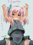  1girl ahoge akino_shuu armpits black_shorts black_thighhighs black_vest blush character_name comandante_cappellini_(kancolle) commentary_request dark-skinned_female dark_skin green_eyes grin kantai_collection long_hair looking_at_viewer multicolored_hair pink_hair shorts smile solo streaked_hair thighhighs twintails twitter_username vest 