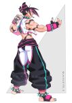  1girl absurdres black_hair collar fingerless_gloves from_behind gloves han_juri highres lais_leite looking_back martial_arts_belt multicolored_hair muscular muscular_female ponytail purple_hair short_hair spiked_collar spikes street_fighter street_fighter_6 zipper 