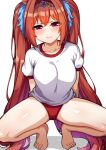  1girl animal_ears ao_(user_xcnx5328) barefoot breasts buruma circlet closed_mouth daiwa_scarlet_(umamusume) half-closed_eyes horse_ears horse_girl horse_tail large_breasts long_hair looking_at_viewer no_shoes orange_hair purple_eyes red_buruma shirt short_sleeves simple_background solo squatting tail toes tracen_training_uniform twintails umamusume very_long_hair white_background white_shirt 