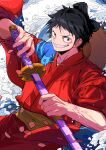  1boy absurdres black_eyes black_hair commentary hat highres holding holding_sword holding_weapon japanese_clothes katana looking_at_viewer male_focus monkey_d._luffy mygiorni one_piece scar scar_on_cheek scar_on_face short_hair short_sleeves smile solo straw_hat sword teeth topknot traditional_clothes unworn_hat unworn_headwear weapon 