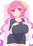  1girl black_shirt blush breasts cleavage cowboy_shot curled_horns dated gradient_hair hand_on_own_chest highres horns huge_breasts ilulu_(maidragon) kobayashi-san_chi_no_maidragon long_hair looking_at_viewer multicolored_hair open_mouth pink_hair pointy_ears purple_hair raised_eyebrows red_eyes samansa_ex shirt sidelocks simple_background slit_pupils solo thighs twintails very_long_hair wide_hips 
