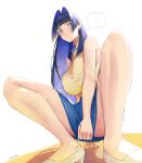  1girl absurdres blue_eyes blue_hair blue_skirt breasts erasorpepero highres hololive hololive_english large_breasts ouro_kronii shirt short_hair skirt solo squatting virtual_youtuber yellow_shirt 