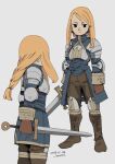  1girl agrias_oaks armor blonde_hair braid braided_ponytail closed_mouth dated final_fantasy final_fantasy_tactics full_body gloves highres hounori knight long_hair looking_at_viewer shoulder_armor simple_background single_braid solo sword twitter_username weapon white_background 