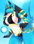  anthro armor bracers breasts chest_tuft ear_tuft female fur furgonomics generation_4_pokemon hand_on_hip hi_res holowear_(pokemon) looking_at_viewer low-angle_view lucario magic navel nintendo pokemon pokemon_(species) pokemon_unite ruins_style_lucario side_boob simple_background skwidbone solo spikes spikes_(anatomy) tuft 