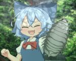  1girl :d animal blue_bow blue_hair blue_vest blurry blurry_background blush bow bowtie bug cirno clenched_hand closed_eyes collared_shirt commentary_request crossed_bangs dappled_sunlight fang flat_chest forest hair_between_eyes hair_bow holding holding_animal medium_bangs nature open_mouth pillbug puffy_short_sleeves puffy_sleeves red_bow red_bowtie shirt short_hair short_sleeves skin_fang smile solo sunlight tasuku_(tusktouhou4) touhou upper_body vest white_shirt 