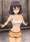  1girl :d bare_shoulders black_hair bra breasts cleavage girls_und_panzer green_eyes highres hoshino_(girls_und_panzer) inoshira looking_at_viewer medium_hair midriff navel shorts smile solo sports_bra underwear wet wet_clothes white_bra 