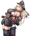  2girls back-to-back bismarck_(kancolle) black_pantyhose black_skirt blonde_hair blue_eyes breasts brown_gloves closed_mouth gloves graf_zeppelin_(kancolle) grey_headwear grey_thighhighs hair_between_eyes hat highres kantai_collection large_breasts long_hair long_sleeves military_hat military_uniform multiple_girls pantyhose peaked_cap pleated_skirt simple_background simplecar skirt thighhighs uniform white_background white_headwear 