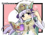  1girl alternate_costume book breasts chibi cleavage fire_emblem fire_emblem:_genealogy_of_the_holy_war fire_emblem_heroes hand_up hat holding holding_book julia_(fire_emblem) julia_(scion)_(fire_emblem) long_hair looking_at_viewer official_alternate_costume purple_eyes purple_hair see-through simple_background smile solo yukia_(firstaid0) 