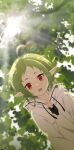  1girl :o absurdres day elf from_below green_hair highres jacket kaqkaq leaf looking_at_viewer mushoku_tensei open_mouth outdoors pointy_ears red_eyes shirt short_hair solo sun sunlight sylphiette_(mushoku_tensei) white_jacket white_shirt 