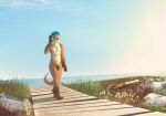  anthro bag beach beanie blonde_hair blue_sky boardwalk brown_body brown_fur clothing flaccid foreskin fur genitals grass hair hat headgear headwear hi_res ickyfig male mammal mustelid nipples nudist otter penis plant sea seaside sky solo sunny tan_body water 