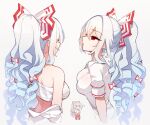  1girl bow breasts chest_sarashi commentary drill_hair fujiwara_no_mokou grey_hair hair_bow highres kaliningradg long_hair multiple_views ponytail red_eyes sarashi short_sleeves simple_background solo symbol-only_commentary touhou upper_body very_long_hair white_background white_bow 
