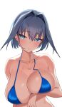  1girl :o absurdres arm_under_breasts bikini blue_hair blush breast_lift breasts gom_(kooskoo) hair_between_eyes hair_intakes head_tilt highres hololive hololive_english large_breasts looking_at_viewer ouro_kronii short_hair solo standing sweat swimsuit transparent_background upper_body virtual_youtuber 