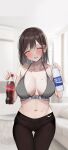  1girl bare_shoulders blush bottle breasts brown_hair cleavage closed_eyes coca-cola collarbone grey_sports_bra highres holding holding_bottle large_breasts looking_at_viewer midriff navel nike original pants pocari_sweat rouka_(akatyann) short_hair smile solo sports_bra thigh_gap wet yoga_pants 