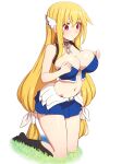  1girl astraea_(sora_no_otoshimono) bare_shoulders blonde_hair blush breasts cleavage highres large_breasts long_hair low-tied_long_hair midriff navel red_eyes skirt sleeveless solo sora_no_otoshimono very_long_hair zoryc 