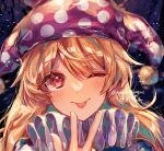  1girl ;p ayatsuki_sugure blonde_hair blurry blurry_background blush clownpiece hair_between_eyes hand_up hat highres jester_cap long_hair neck_ruff one_eye_closed pink_eyes pink_headwear polka_dot_headwear portrait signature smile solo star_(symbol) star_in_eye symbol_in_eye tongue tongue_out touhou twitter_username w 