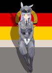  aiguillette animal_ears belt belt_buckle black_footwear blue_hair braid buckle east_german east_german_flag epaulettes hair_ornament hairpin hat military_hat military_uniform nationale_volksarmee original rabbit_ears shadow single_braid tuziki_sang uniform x_hair_ornament 