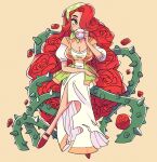  1girl breasts briar_(mynotar) cleavage cup dress drinking flower-shaped_hair full_body green_eyes hair_over_one_eye highres holding holding_cup light_brown_background long_hair medium_breasts mynotar original plant red_hair simple_background solo thorns very_long_hair vines 