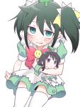  2girls apron blush bow bowtie chibi commentary cosplay dress feet_out_of_frame frilled_apron frills green_dress green_eyes green_nails hair_between_eyes hair_ornament hair_ribbon highres hikaru_(ofuton_at5) kuroki_tomoko looking_at_viewer low_twintails melon-chan melon-chan_(cosplay) melonbooks mini_person minigirl multiple_girls nail_polish nervous_smile official_alternate_costume official_alternate_hairstyle parted_lips puffy_short_sleeves puffy_sleeves purple_eyes red_bow red_bowtie ribbon short_sleeves simple_background sitting smile smiley_face sweat tamura_yuri thighhighs twintails two_side_up watashi_ga_motenai_no_wa_dou_kangaetemo_omaera_ga_warui! white_apron white_background white_thighhighs yellow_ribbon 