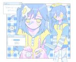  1girl bandaid bandaid_on_face bandaid_on_knee bandaid_on_leg blue_hair brand_name_imitation character_name egg egg_yolk gauze halo highres holding holding_knife hood hoodie knife layered_sleeves limited_palette line_(naver) long_hair looking_at_viewer meidodown nell_(meidodown) one_side_up original pixel_art raglan_sleeves v window_(computing) yellow_eyes 