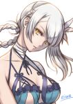  1girl bandaged_neck bandages bare_shoulders braid breasts cleavage collarbone cropped_torso eiwa flower futanari grey_hair hair_flower hair_ornament kaine_(nier) large_breasts lingerie looking_at_viewer nier nier_(series) parted_lips signature smile solo swept_bangs underwear white_background yellow_eyes 