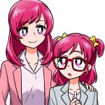  2girls :o blazer bright_pupils closed_mouth dress_shirt dual_persona glasses grey_jacket hair_ribbon hand_on_another&#039;s_shoulder highres jacket kibou_no_chikara_~otona_precure_&#039;23~ looking_at_another medium_hair multiple_girls open_mouth pink_hair pink_jacket precure precure_all_stars_new_stage_3:_eien_no_tomodachi purple_eyes red-framed_eyewear ribbon shirai_keita shirt simple_background smile time_paradox two_side_up white_background white_pupils white_shirt yellow_ribbon yes!_precure_5 yumehara_nozomi 