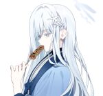  1girl absurdres blue_archive chip_le_cree colored_eyelashes eating food from_side grey_eyes grey_hair grey_halo hair_ornament halo haori highres holding holding_food japanese_clothes long_hair nagusa_(blue_archive) sailor_collar school_uniform serafuku simple_background solo white_background white_sailor_collar yakitori 