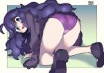  1girl :d @_@ ahoge all_fours black_dress black_footwear blue_eyes blush border chichibu_(watson) commentary_request curly_hair dress green_background hairband hex_maniac_(pokemon) long_hair long_sleeves looking_at_viewer looking_back open_mouth panties pokemon pokemon_(game) pokemon_xy purple_hairband purple_panties shoes signature smile solo sweatdrop tongue underwear white_border 
