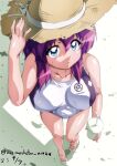  1girl blue_eyes breasts dated drink drinking_straw feet from_above hat hat_ribbon henrietta_de_tristain holding holding_clothes holding_drink holding_hat large_breasts legs medium_hair nafta one-piece_swimsuit purple_hair ribbon sandals signature solo straw_hat swimsuit toes white_ribbon zero_no_tsukaima 