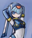  1girl :| android armpits arms_behind_head arms_up blue_background blue_eyes breasts closed_mouth covered_navel helmet highres leviathan_(mega_man) looking_at_viewer mega_man_(series) mega_man_x_(series) mega_man_x_dive mega_man_zero_(series) robot robot_girl solo tanewiii upper_body 