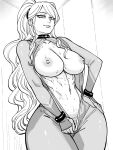  1girl absurdres bb_(baalbuddy) breasts english_commentary highres large_breasts long_hair looking_at_viewer looking_down metroid mole mole_under_mouth monochrome ponytail samus_aran smile sweat toned unzipping zero_suit 