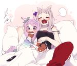  2girls animal_ears bag black_shirt blanket blush breasts camisole closed_eyes controller cookie ear_bow eating feet_out_of_frame food ggubii0225 gold_ship_(umamusume) grey_hair highres holding holding_bag holding_food horse_ears horse_girl horse_tail long_sleeves mejiro_mcqueen_(umamusume) multiple_girls open_mouth pants pillow purple_eyes purple_hair red_pants remote_control shared_blanket shirt simple_background sitting sleep_bubble small_breasts smile strap_slip tail twitter_username umamusume white_background white_shirt yawning 