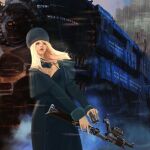  1girl beam_rifle blonde_hair bluredge building cityscape cloak dress energy_gun energy_weapon english_commentary english_text ginga_tetsudou_999 green_eyes ground_vehicle hat highres light lips long_hair machinery maetel open_mouth original ray_gun realistic redesign science_fiction space_train spacecraft steampunk surprised three-nine_(space_train) title train upper_body weapon window 