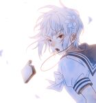  1girl a_certain_high_school_uniform accelerator_(toaru_majutsu_no_index) albino ambiguous_gender androgynous blue_sailor_collar bow bread bread_slice electrodes eyeshadow falling_petals flower food furrowed_brow hair_flower hair_ornament half-closed_eyes highres lily_(flower) looking_at_viewer looking_back makeup open_mouth pale_skin petals pixie_cut portrait red_eyes sailor_collar sakaisen sanpaku school_uniform shirt short_hair short_sleeves sidelocks sketch solo summer_uniform sunlight surprised suzushina_yuriko toaru_majutsu_no_index white_background white_bow white_hair white_shirt wind 